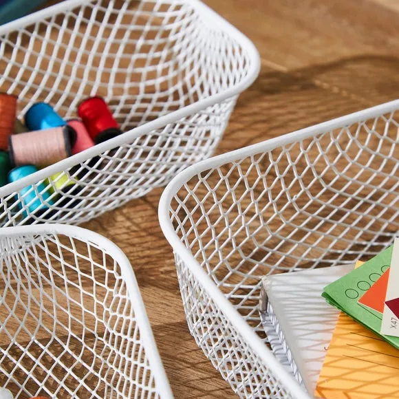 Set of 3 Wire Storage Baskets - White, Metal