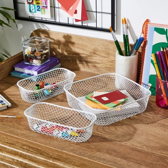 Set of 3 Wire Storage Baskets - White, Metal