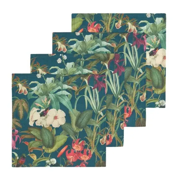 Set of 4 Botanical Bird Napkins - Teal, Cotton