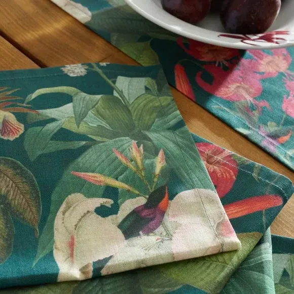 Set of 4 Botanical Bird Napkins - Teal, Cotton