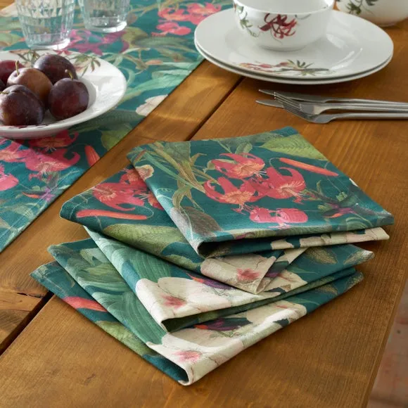 Set of 4 Botanical Bird Napkins - Teal, Cotton
