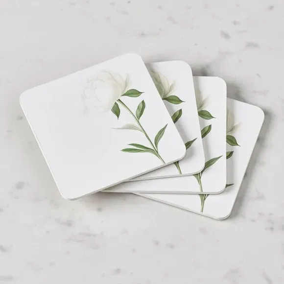Set of 4 Coasters - Cream, Peony Design