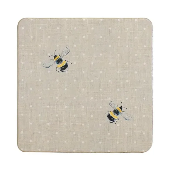 Set of 4 Coasters with Bee Design - Cream, Cork