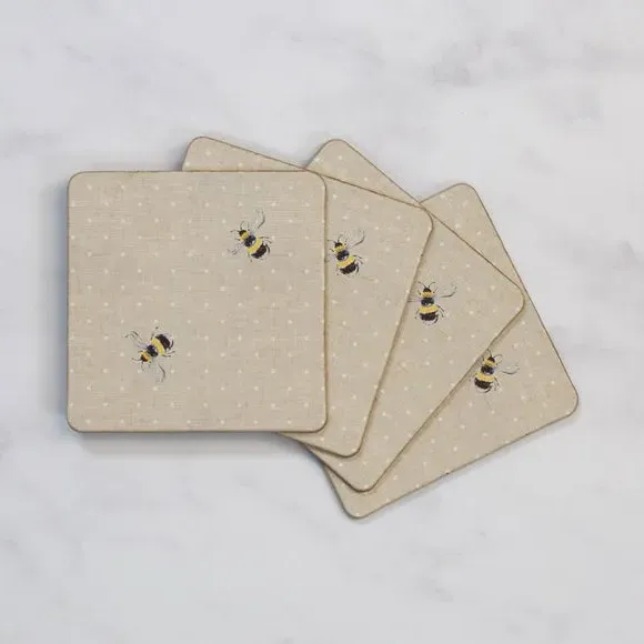 Set of 4 Coasters with Bee Design - Cream, Cork image
