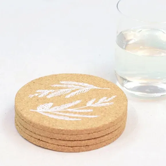 Set of 4 Coasters with Foliage Print - Brown, Cork