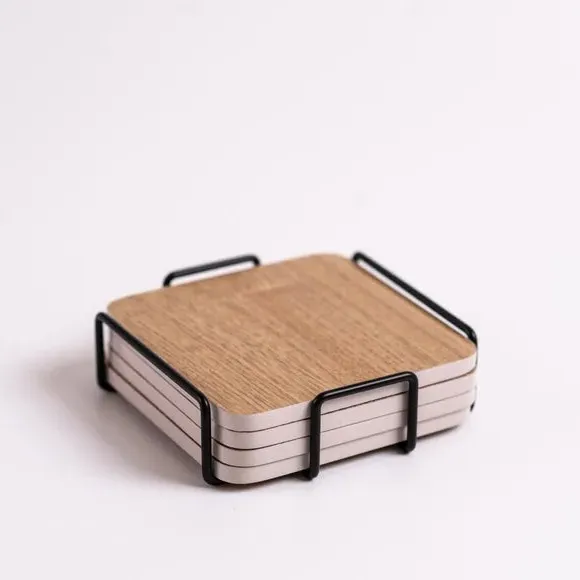 Set of 4 Coasters with Metal Holder - Grey, Wood