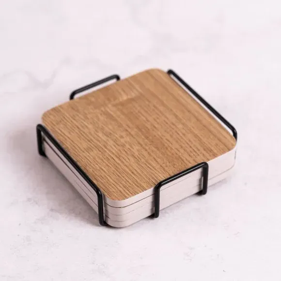 Set of 4 Coasters with Metal Holder - Grey, Wood image
