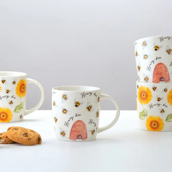 Set of 4 Mugs with Bee Design - White, China
