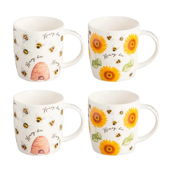 Set of 4 Mugs with Bee Design - White, China