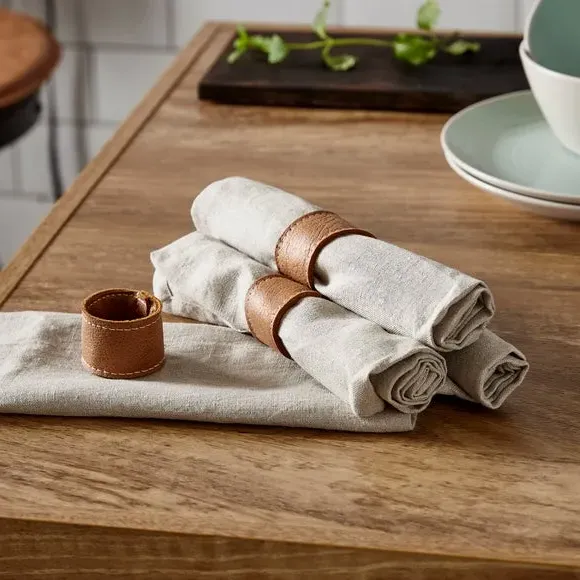 Set of 4 Napkin Rings - Tan, Faux Leather image