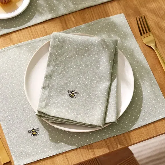 Set of 4 Napkins with Bee Print - Sage, Cotton image