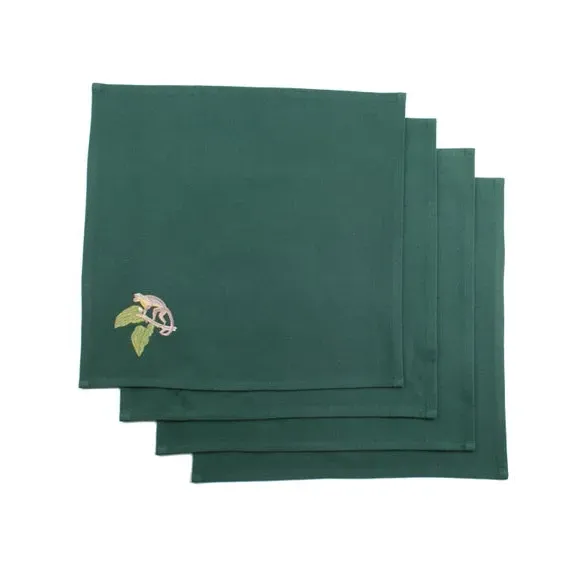 Set of 4 Napkins with Embroidery - Green, Cotton