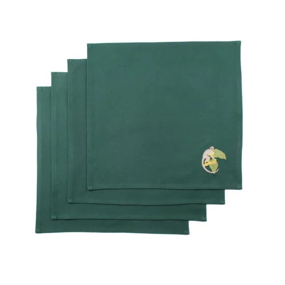Set of 4 Napkins with Embroidery - Green, Cotton