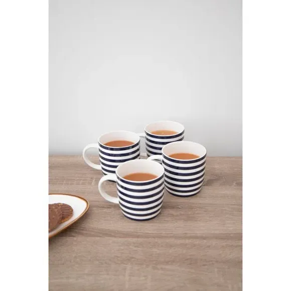 Set of 4 Striped Mugs - Blue, Porcelain