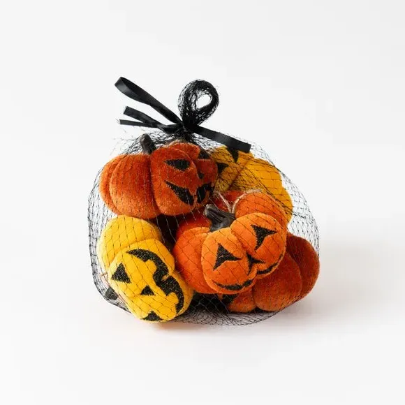Set of 9 Hanging Pumpkin Decorations - Orange, Velvet