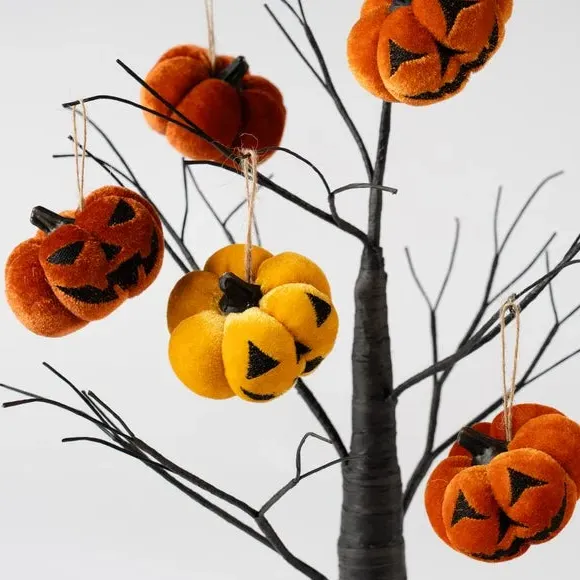 Set of 9 Hanging Pumpkin Decorations - Orange, Velvet