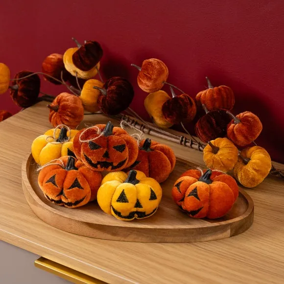 Set of 9 Hanging Pumpkin Decorations - Orange, Velvet image