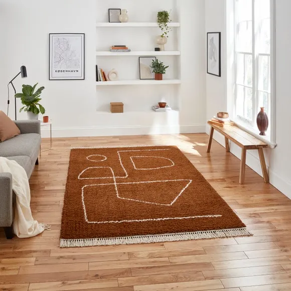 Shaggy Area Rug with Abstract Design - Rust