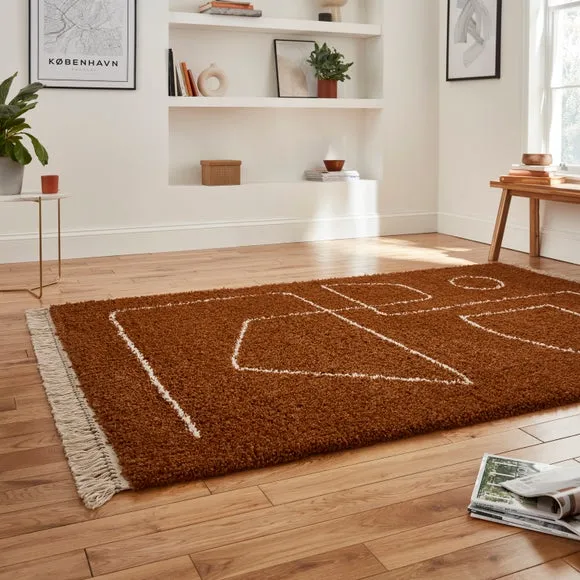 Shaggy Area Rug with Abstract Design - Rust