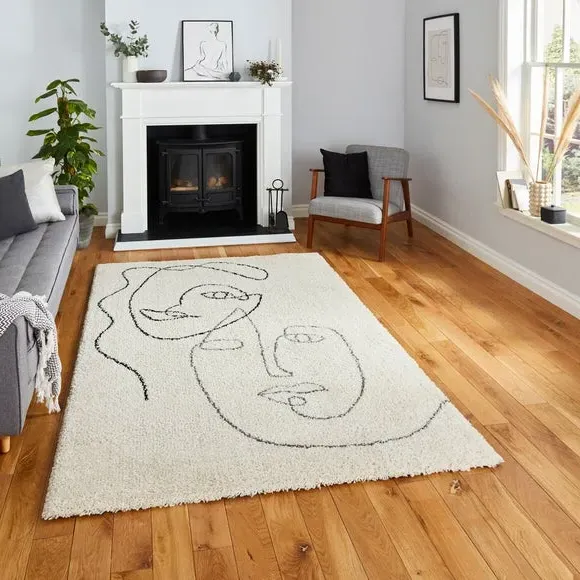 Shaggy Rug with Diamond Pattern - Cream