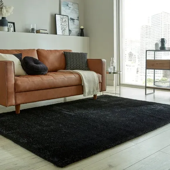 Shaggy Rug with Lustrous Yarns - Black, Polyester