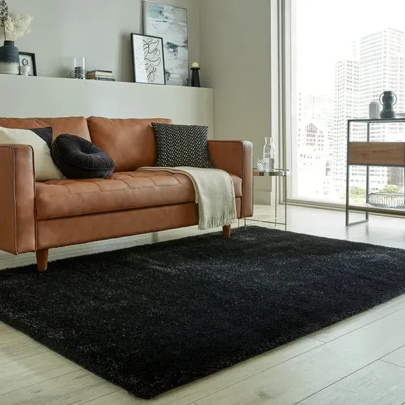 Shaggy Rug with Lustrous Yarns - Black, Polyester