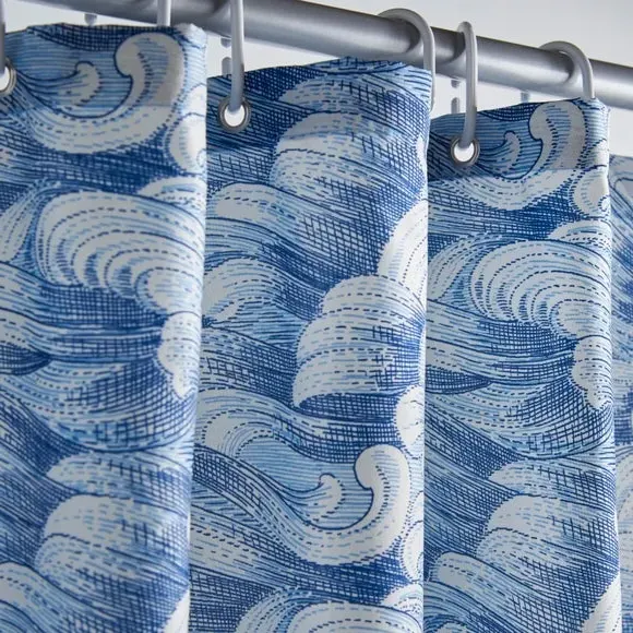 Shower Curtain with Wave Design - Blue, Polyester