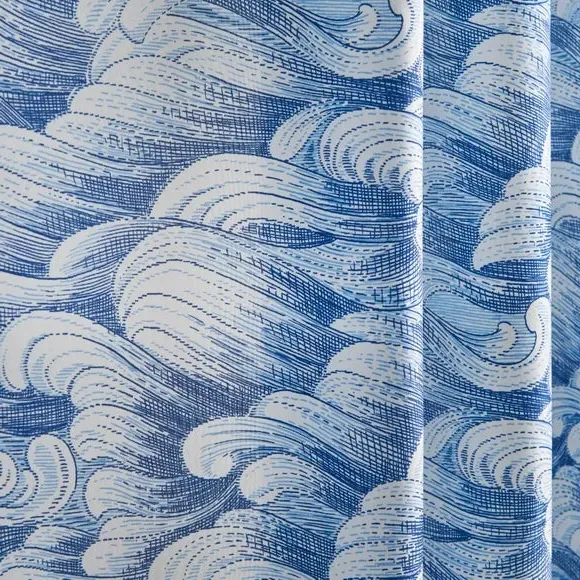 Shower Curtain with Wave Design - Blue, Polyester
