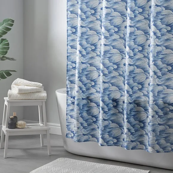 Shower Curtain with Wave Design - Blue, Polyester image