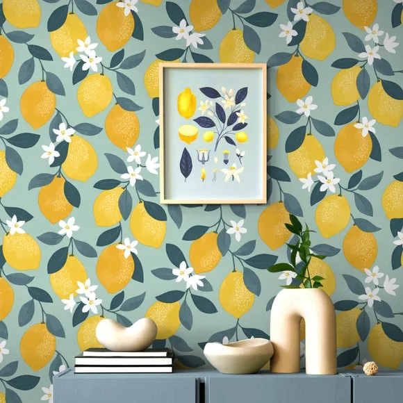 Sicily Fruits Wallpaper - Seafoam, Matte Finish