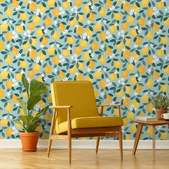 Sicily Fruits Wallpaper - Seafoam, Matte Finish
