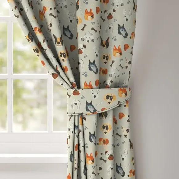 Single Curtain Tieback with Dog Print - Natural
