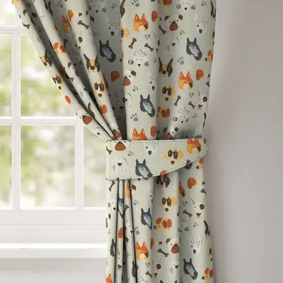 Single Curtain Tieback with Dog Print - Natural image