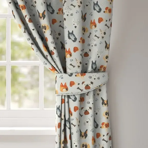Single Curtain Tieback with Dog Print - Seafoam