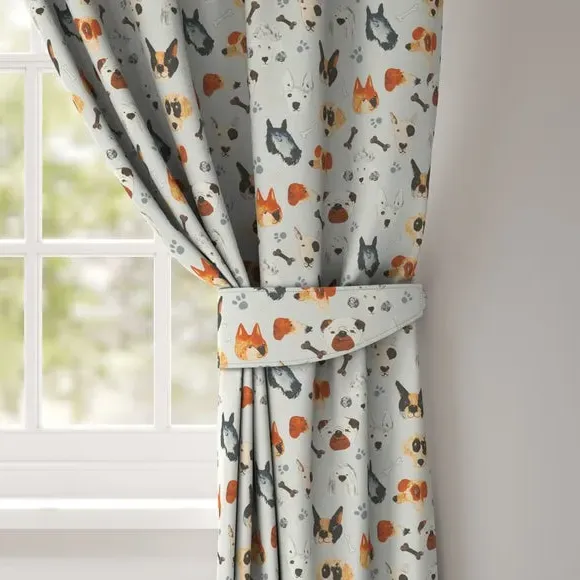 Single Curtain Tieback with Dog Print - Seafoam