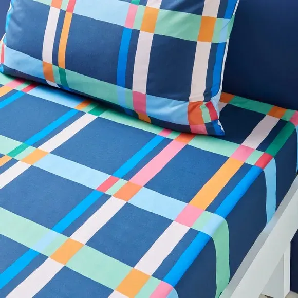 Single Fitted Sheet Check Pattern - Blue, Polycotton