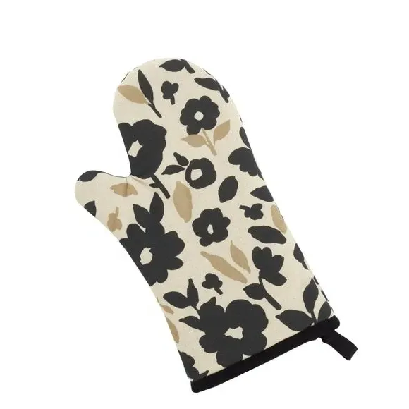 Single Oven Glove Floral Design - Black, Cotton