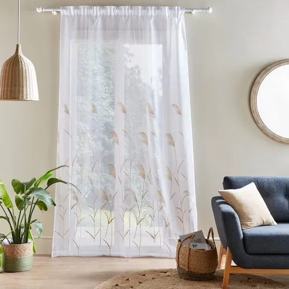 Single Voile Panel with Embroidery - White, Polyester