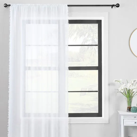Single Voile Panel with Pom Pom Trim - White