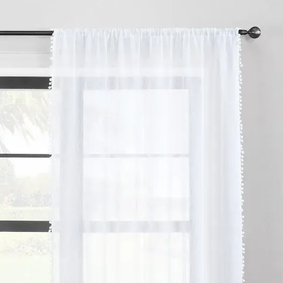 Single Voile Panel with Pom Pom Trim - White image