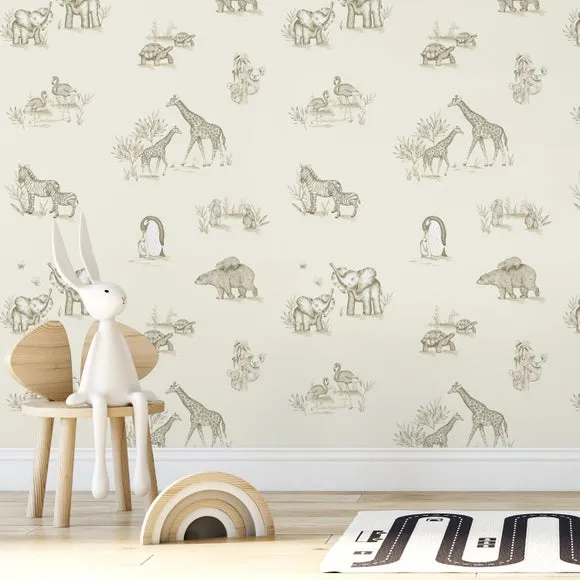 Sketched Animals Wallpaper - Natural
