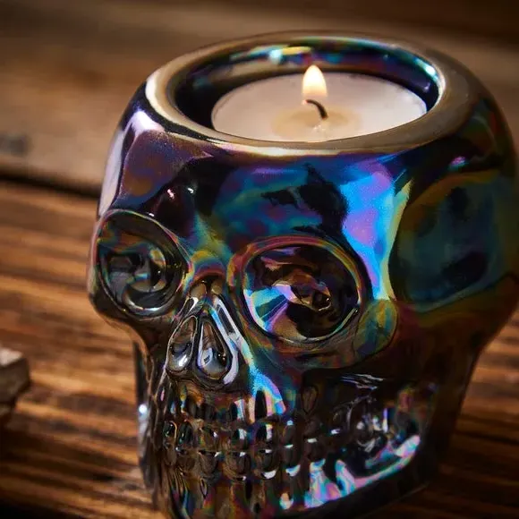Skull Tealight Candle Holder - Silver, Ceramic