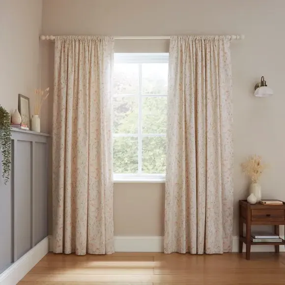 Slot Top Curtains with Floral Design - Natural, Cotton