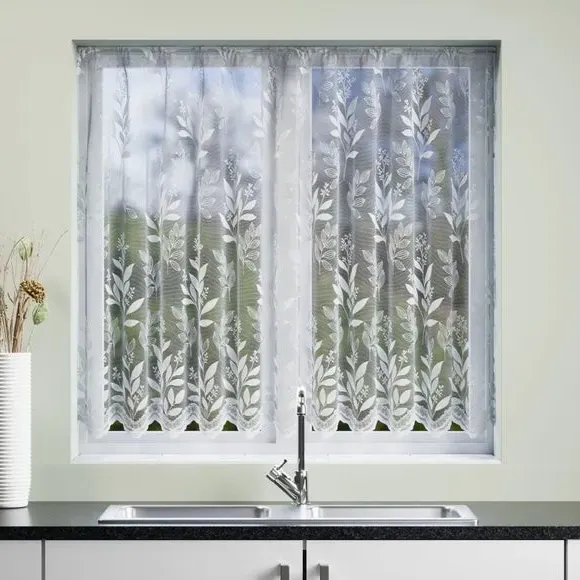 Slot Top Net Curtain with Leaf Pattern - White