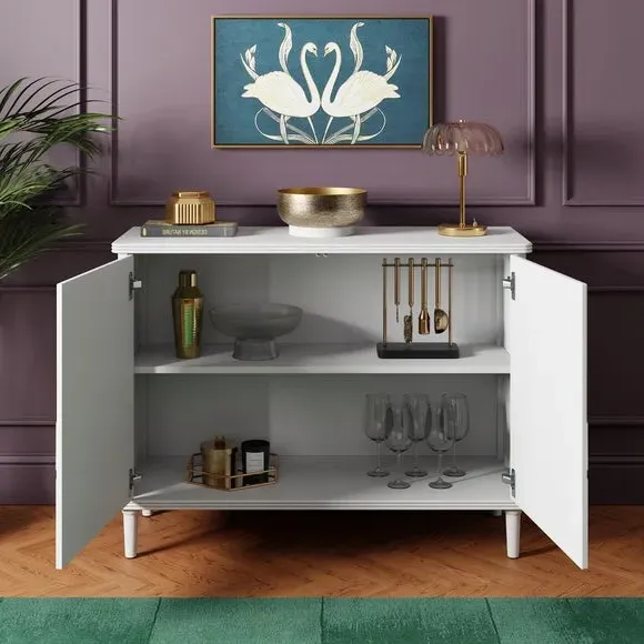 Small Sideboard with Carved Doors - White, Pine