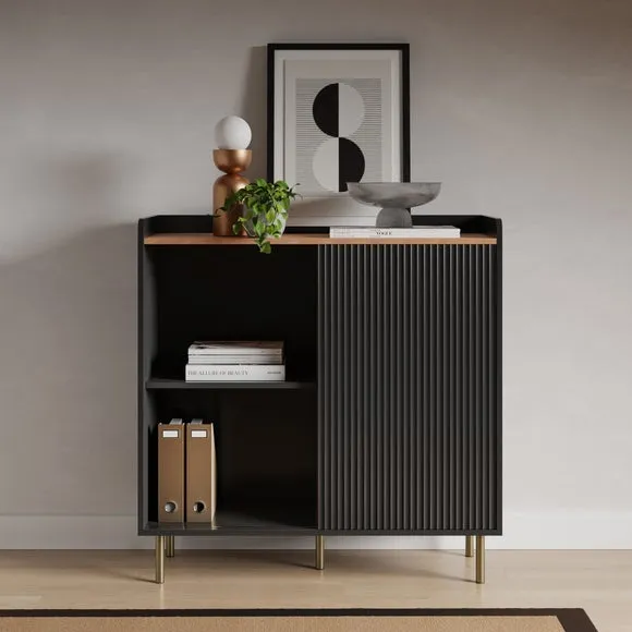 Small Sideboard with Sliding Doors - Black, Oak