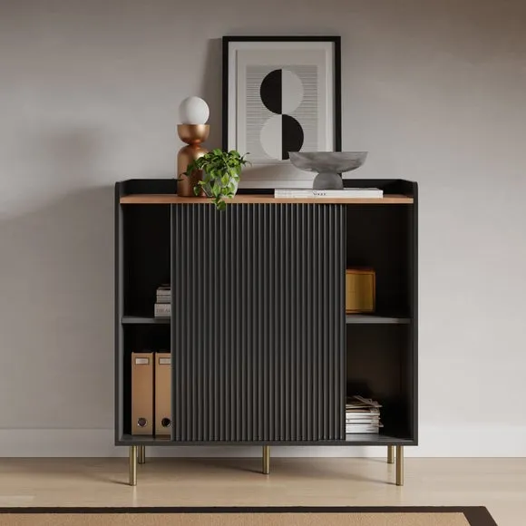 Small Sideboard with Sliding Doors - Black, Oak
