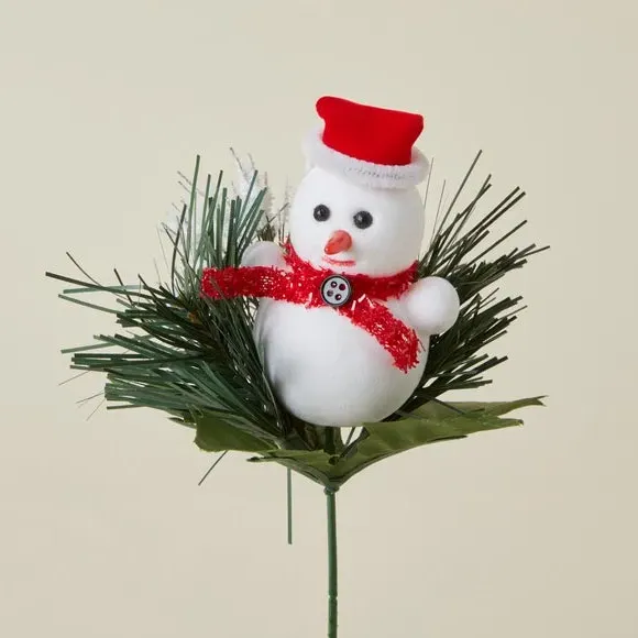 Snowman Christmas Pick - Green, Pine Foliage
