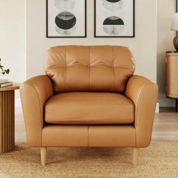 Snuggle Chair with Buttoned Back - Tan, Leather