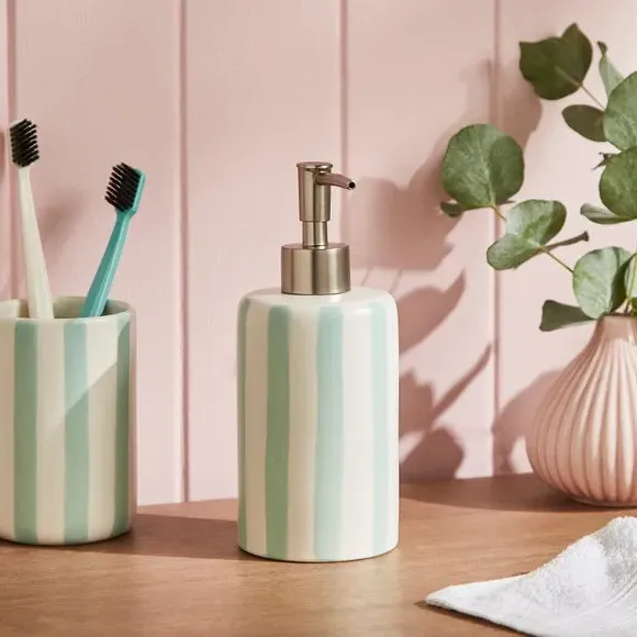 Soap Dispenser with Stripe Design - Green, Ceramic image